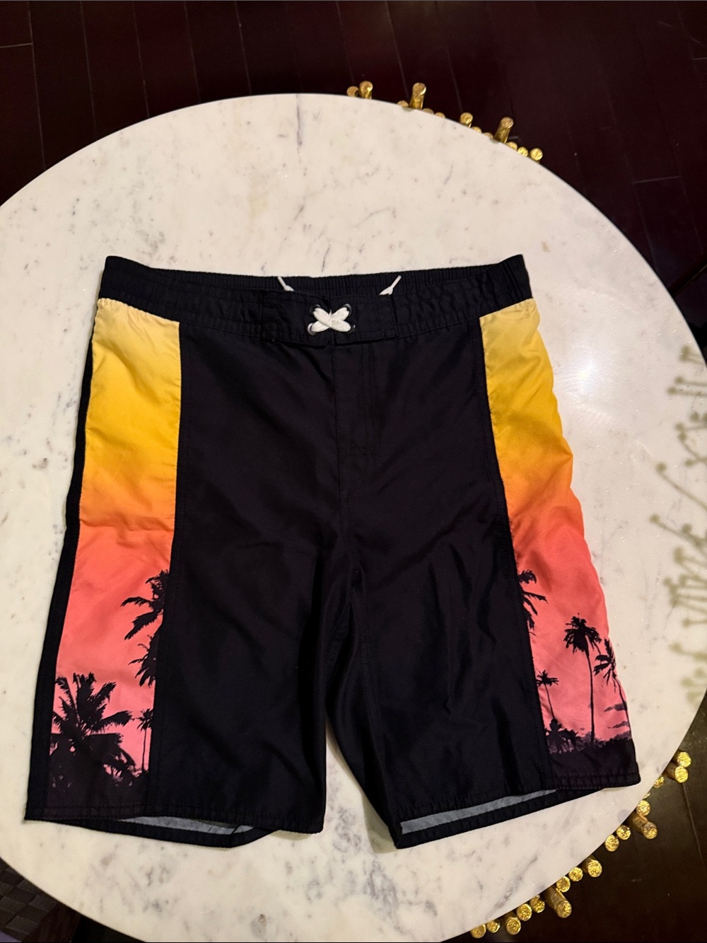 Old Navy Black Boys Swim Trunks with Yellow-Orange-Pink Sunset Panels